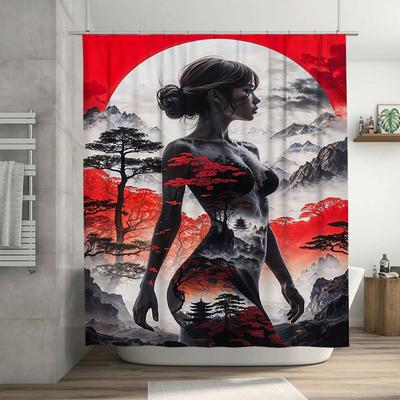 Fantasy Landscape Red Moonlight Woman Figure Shower Curtain Decoration Bathroom Waterproof Liner Printing Art Deco Anime Wall De