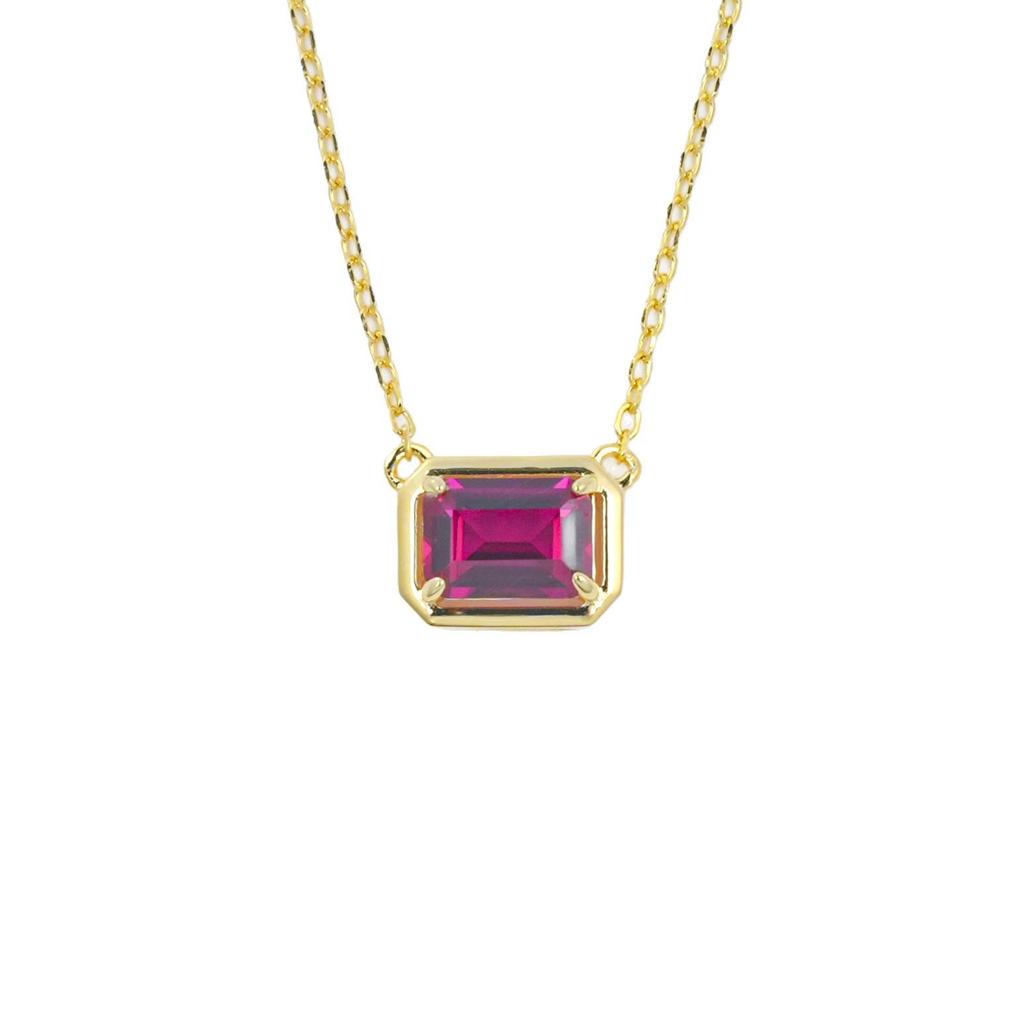 S925 Sterling Silver Emerald Cut Cultured Ruby Minimalist Necklace - Women's Light Luxury Fashion Style