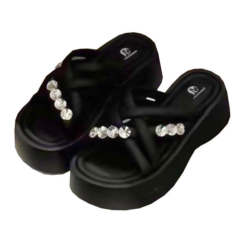 Rhinestone platform high-heeled cool slippers women's summer wear 2025 new silver sandals with skirt casual beach shoes