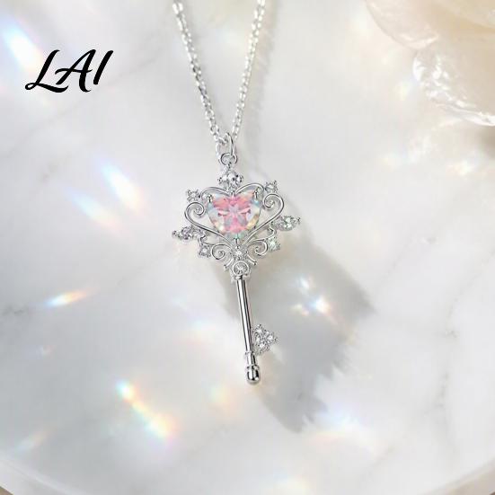 Key Pendant Necklace for Women Magic Necklace Pink Cubic Zirconia Heart Sparkling Rhinestone Sweet Fairy Jewelry Girls Versatile Alloy Chain