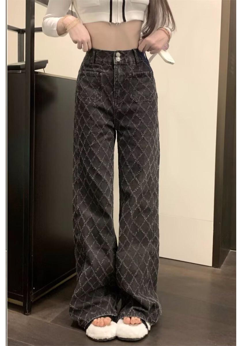 Autumn 2025 Trendy Women s High-Waisted Jacquard Wide-Leg Jeans L чёрный
