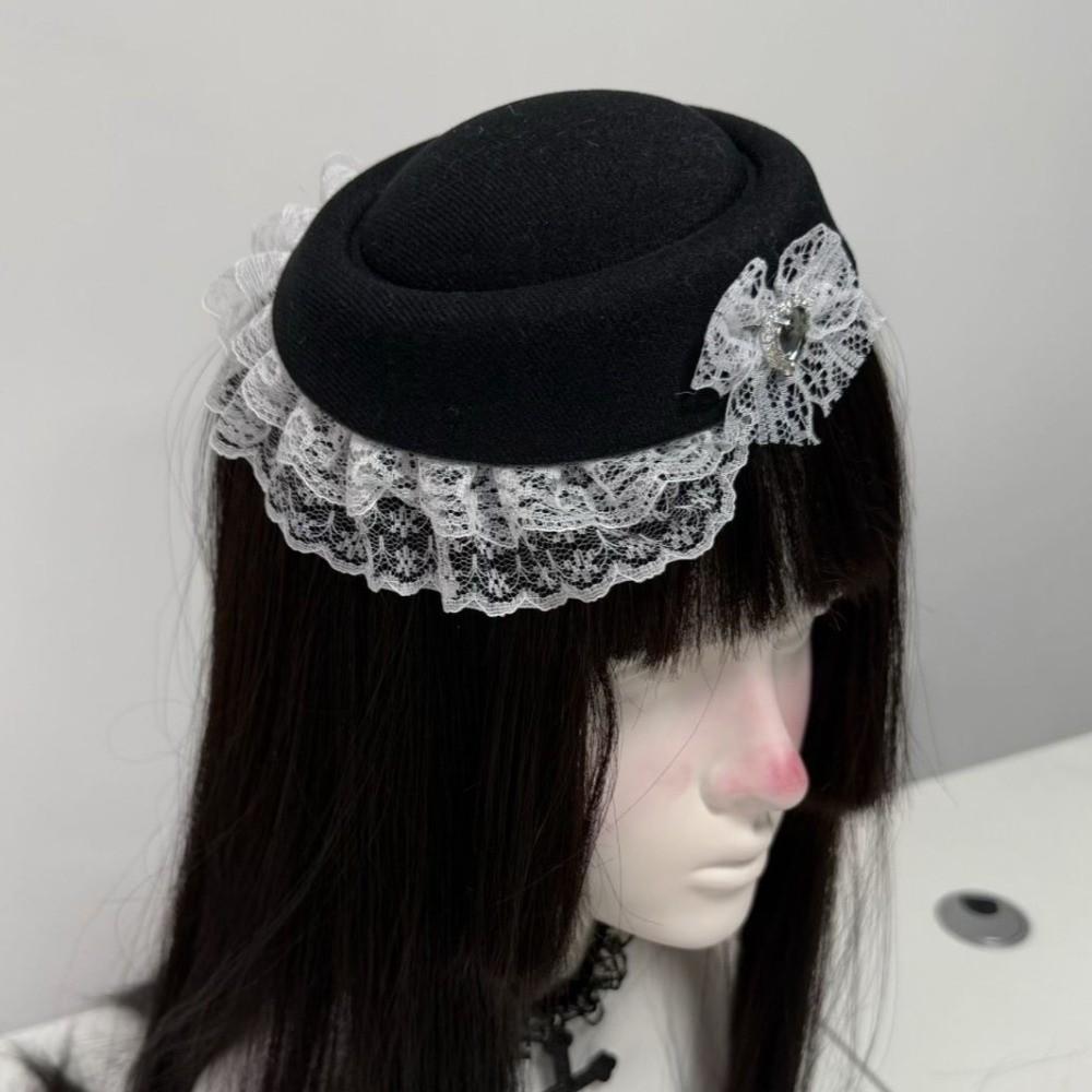 Elegant Lace Billycock Hat Sweet Heart Crystal Round Hat Hair Accessories Bow Pillbox Hat  Party