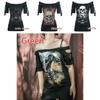 Stylish Women's Fashion Skull Printed Cool Black T-shirt Plus Size Slash Slit Tops