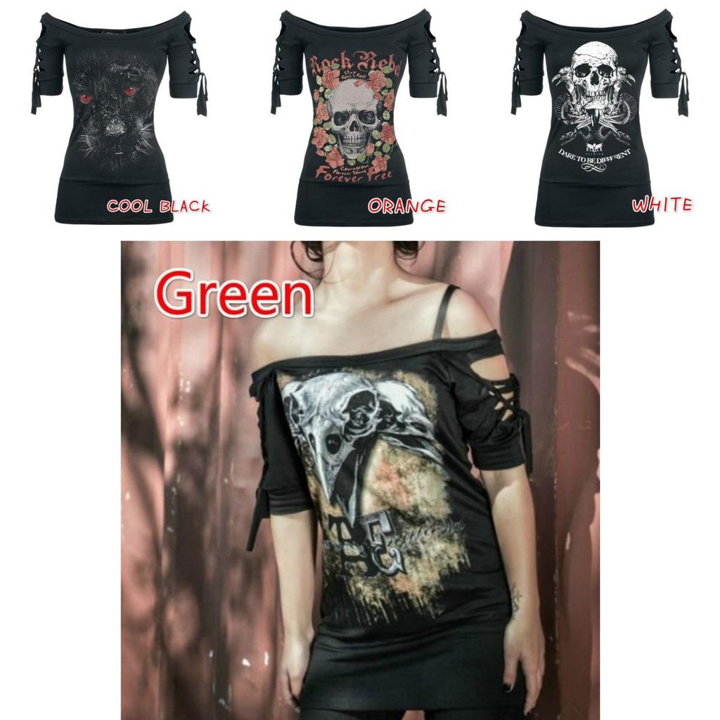 Stylish Women's Fashion Skull Printed Cool Black T-shirt Plus Size Slash Slit Tops