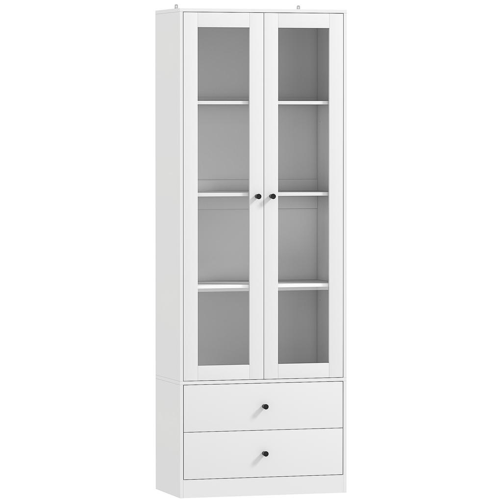 Credenza da cucina con armadietto e 2 cassetti, ante in vetro e ripiani regolabili, 59x30x164 cm, Bianco