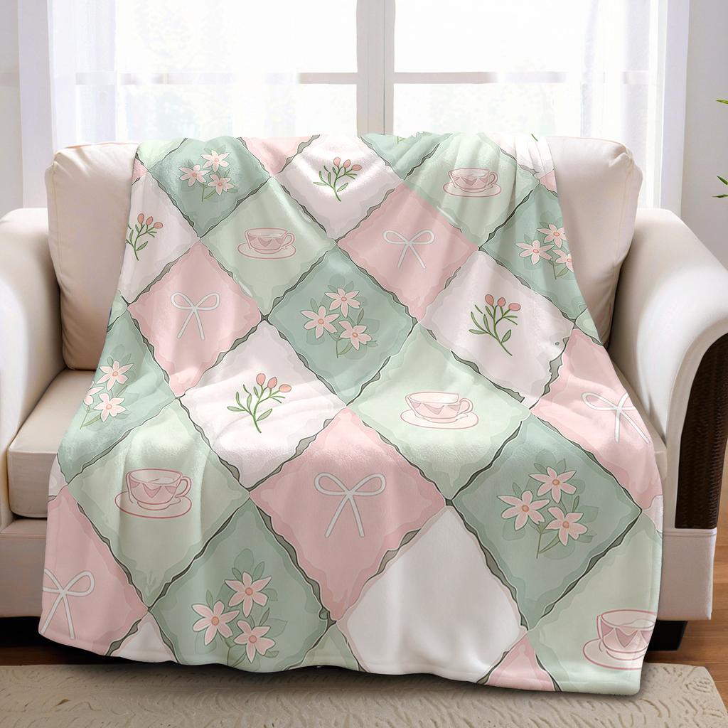 Bow Tea Tile Cartoon Anime Print Flannel Blanket Soft Warm Throw For Kids Bedroom Sofa Bed Christmas Office Car
