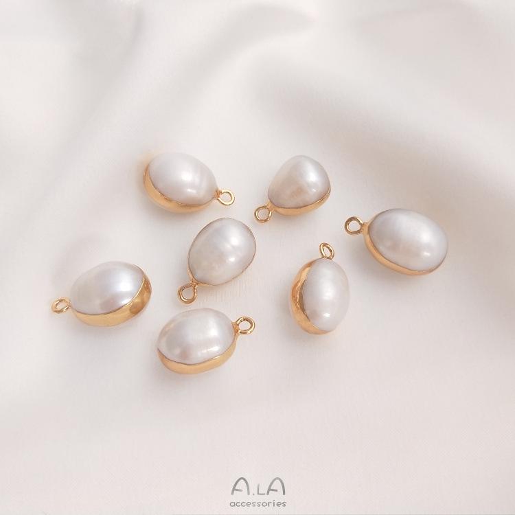 Natural Baroque Irregular Pearl Double Hole Rice Bead Flat Round Pendant for Handmade DIY Bezel Setting