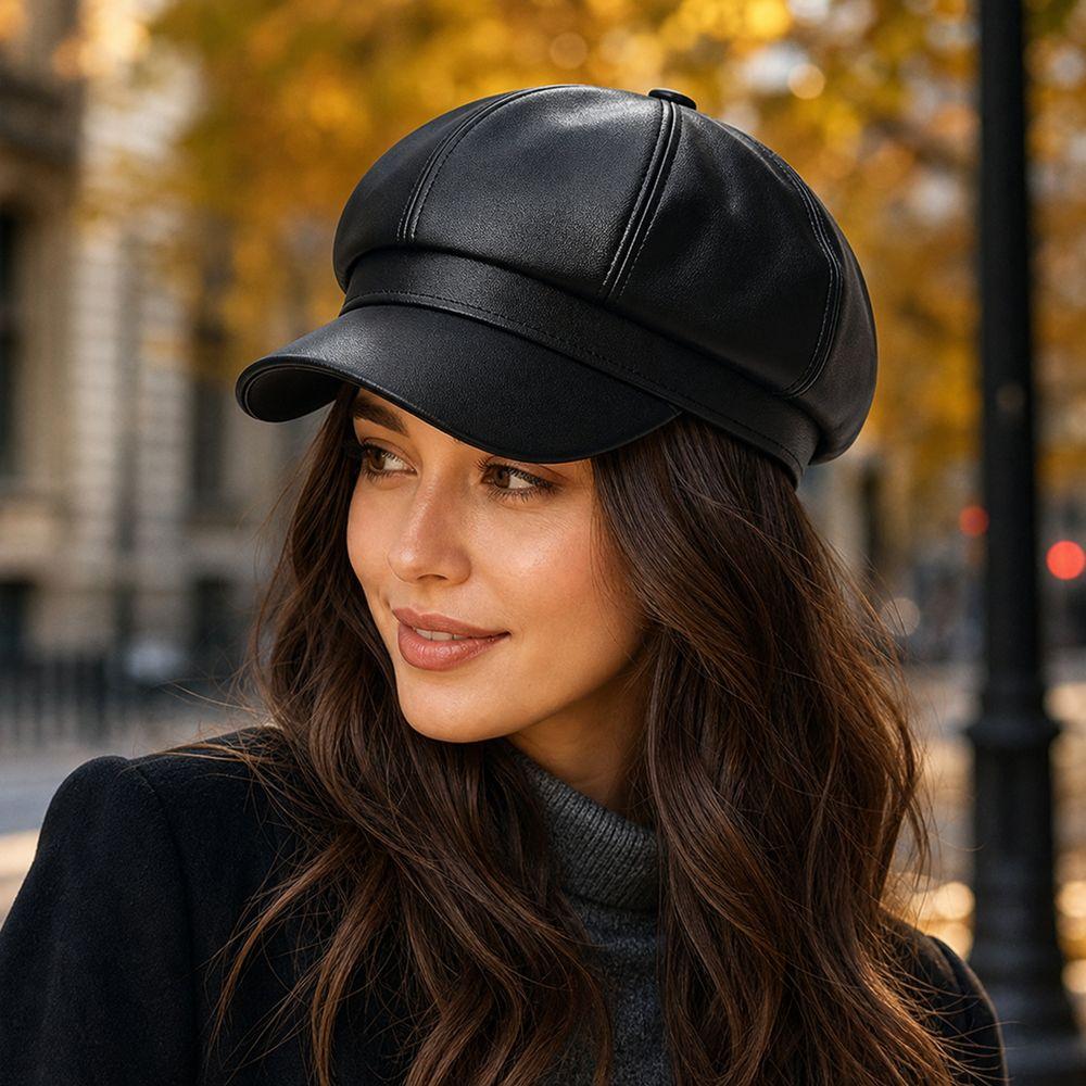 Solid Color Newsboy Cap PU Leather Peaked Cap Creative Gift Beret Hat  Cold Weather Use