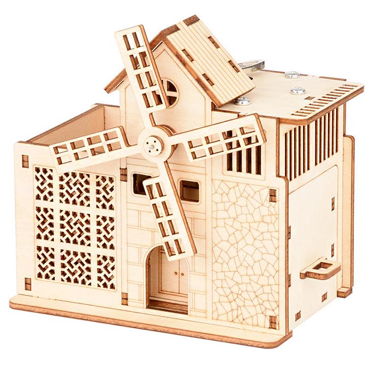 Children's Creative DIY Model Wooden Puzzle 3D Puzzle Board Big Windmill Clockwork Sound Pen Holder, Music Box 117mm * 117mm * 75mm