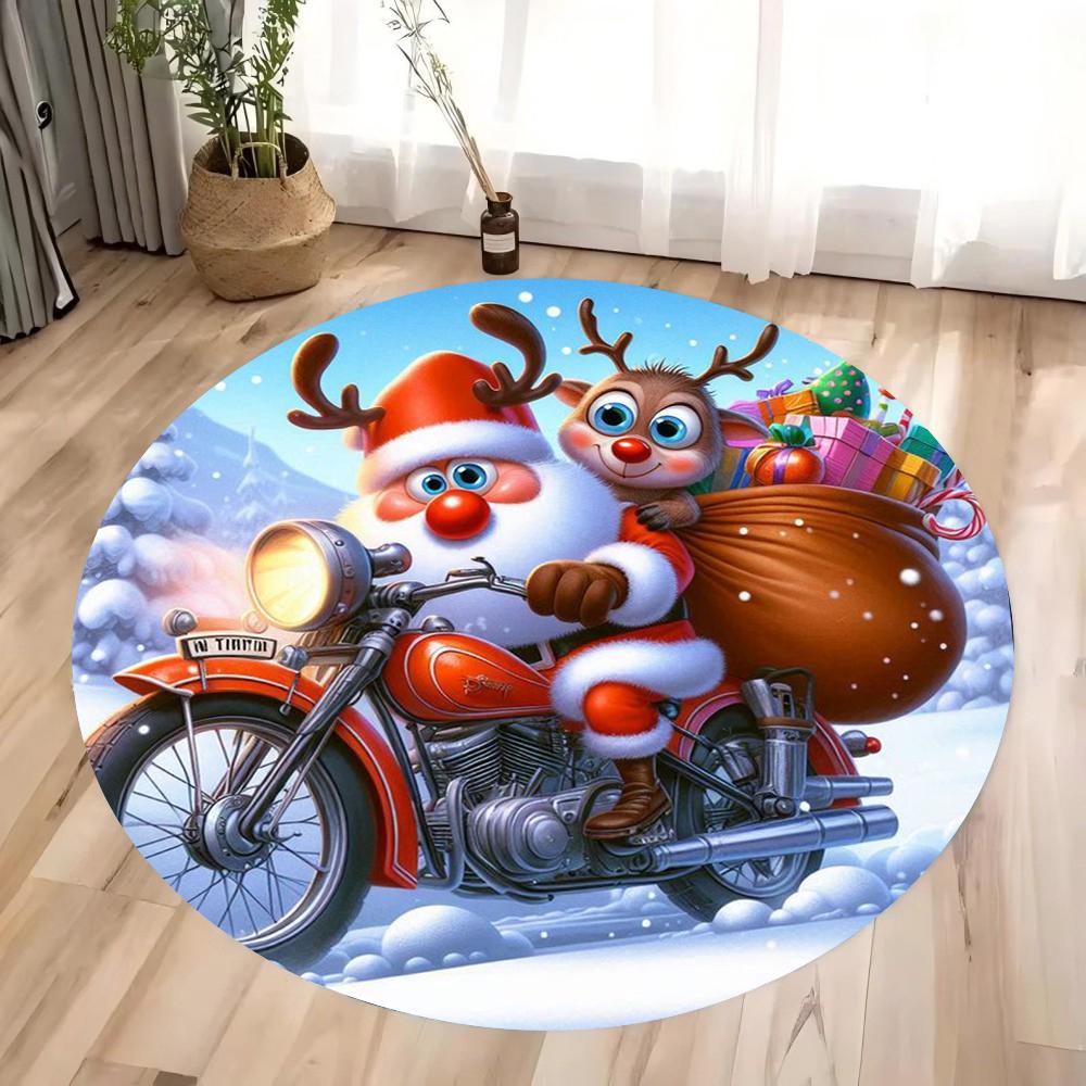 Christmas Santa Claus Round Carpet Living Room Bedroom Mat Festive Atmosphere Decorated Christmas Tree Home Rug Decoration