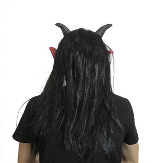 Evil Demon Mask for Cosplay Halloween Satan Devil Mask, Realistic Full Head Latex Costume with Long Horror Movie Character Headgear Horns And