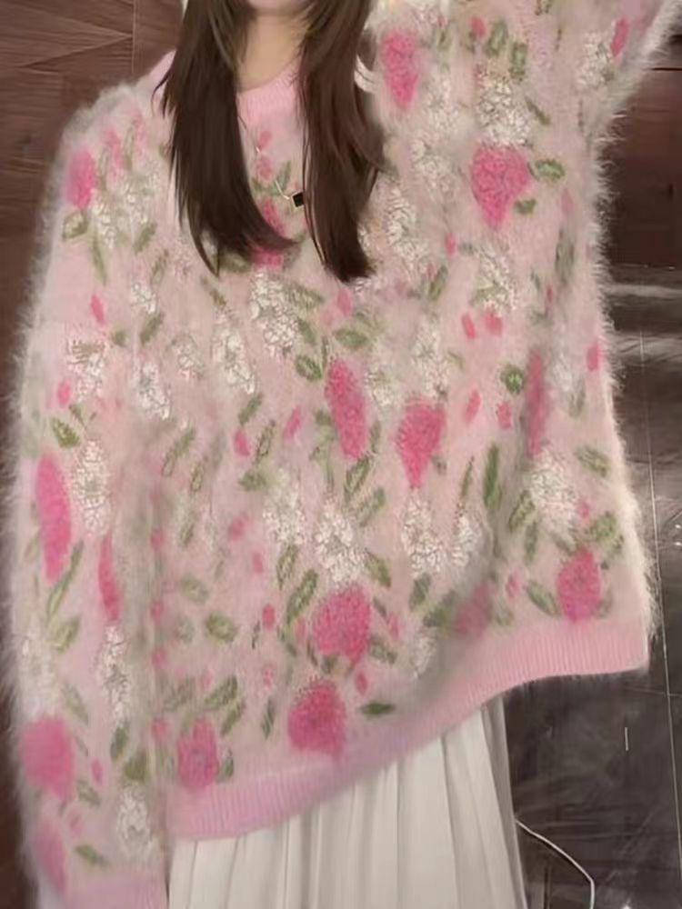 Peach Branch Tender Wool Sweater: Royal Plush Jacquard Embroidered Loose Pullover Base Layer, Heavy-Duty and Thick
