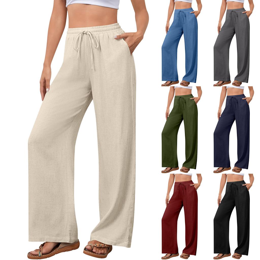 Women's Casual Fashion Cotton-Linen Blend Wide-Leg Pants With Side Pockets