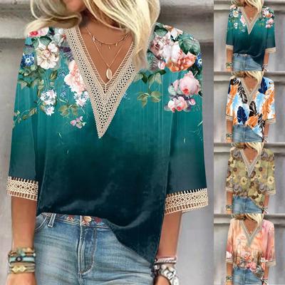 Women's Shirt Blouse Casual Loose Shirts 3/4 Sleeve Lace Trims Print V Neck Tops Print Tops T-shirts Tee