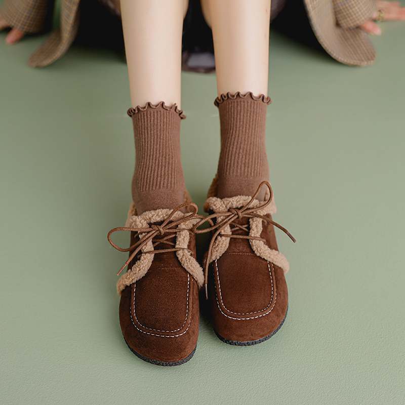 Krazing Pot Suede Fur Spring Autumn Winter Flats Lace Up Women Keep Warm Casual Shoes