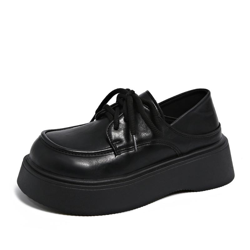 Retro British Style Lace-up Single Shoes Loafers 2025 Black Platform Small Leather Shoes Women's Muffin Versatile Spring New Models