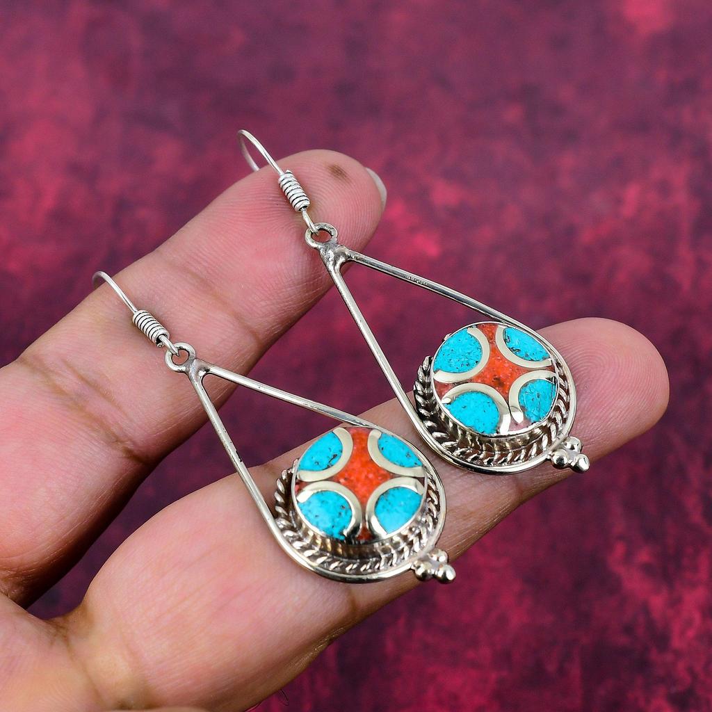 Turquoise, Coral 925 Solid Sterling Silver Nepali Earrings, Handmade Gemstone Earrings Jewelry, Gifts For Wife Brand New Earrings