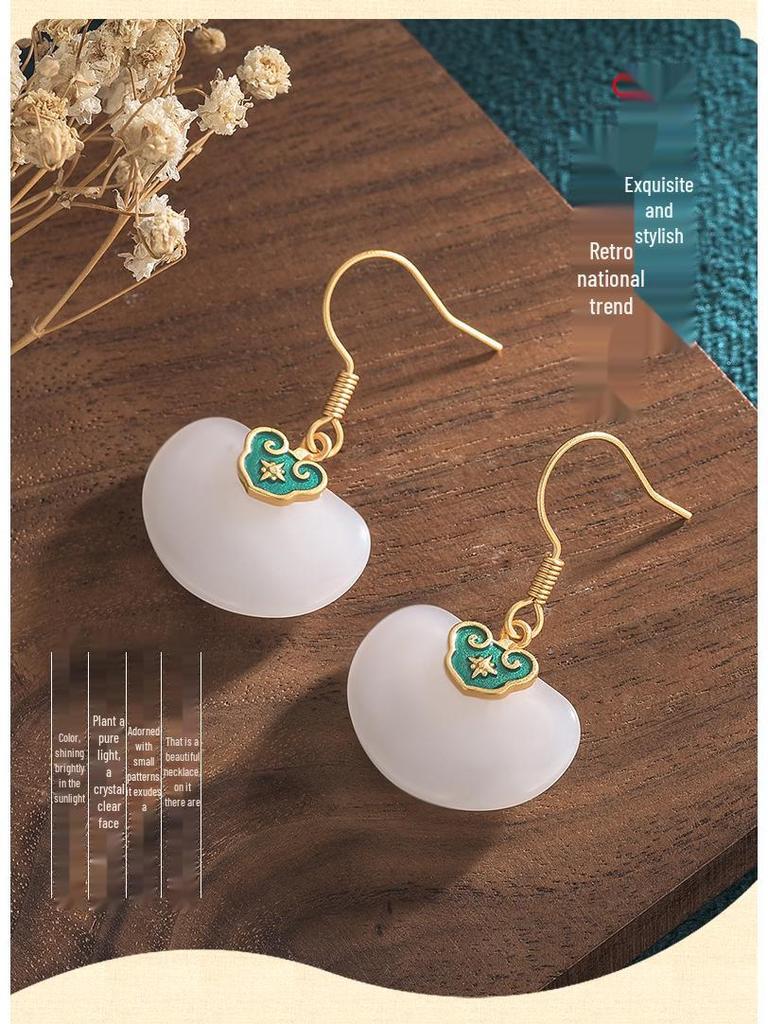 Ancient Gold-Plated Auspicious Cloud Earrings with Imitation Hetian Jade