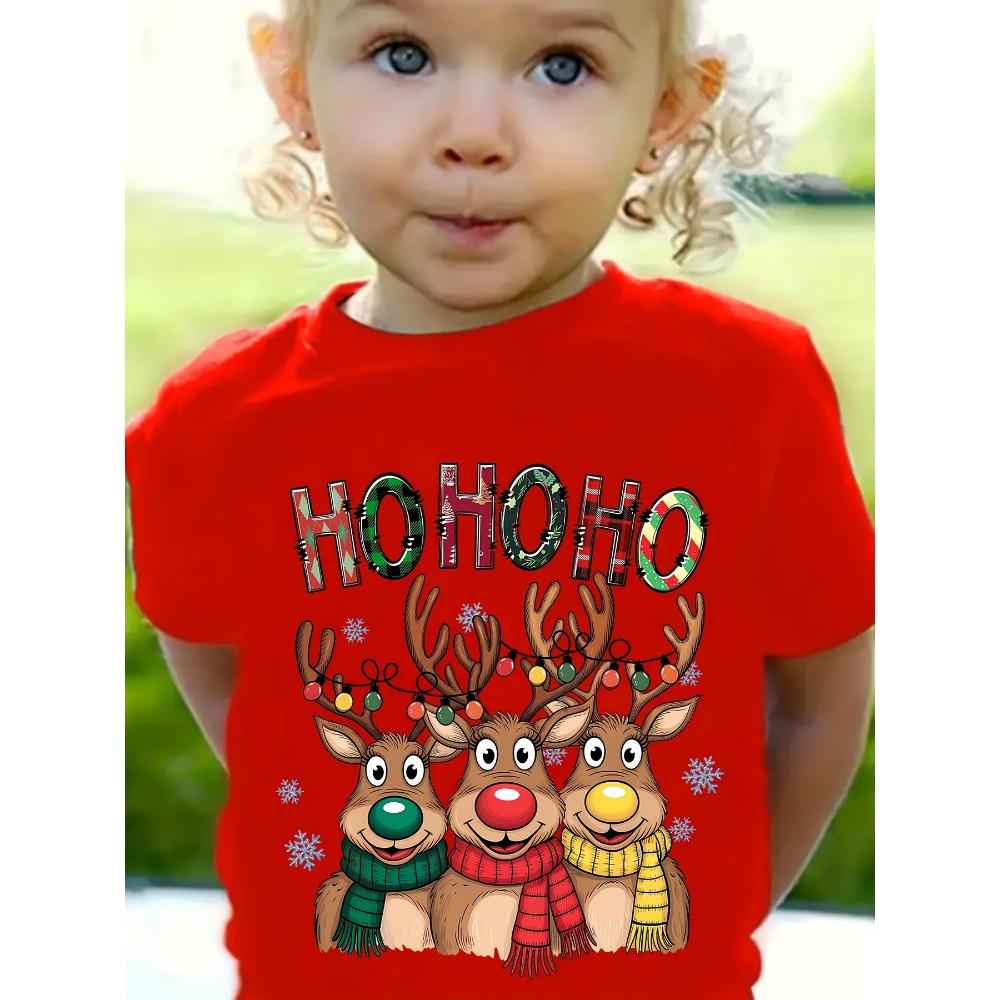 Kids Clothes Cute Animals Printing Christmas T-Shirt Festive Short Sleeve Boys Girls Clothes  Christmas Gift Child Top Tee