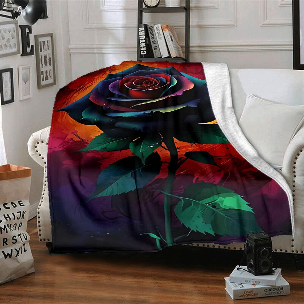 1pc Rainbow Rose Print Blanket - Lightweight Flannel Throw Blanket For Sofa, Bed, Living Room, Office, Outdoor Travel, Camping, Soft All-Season092