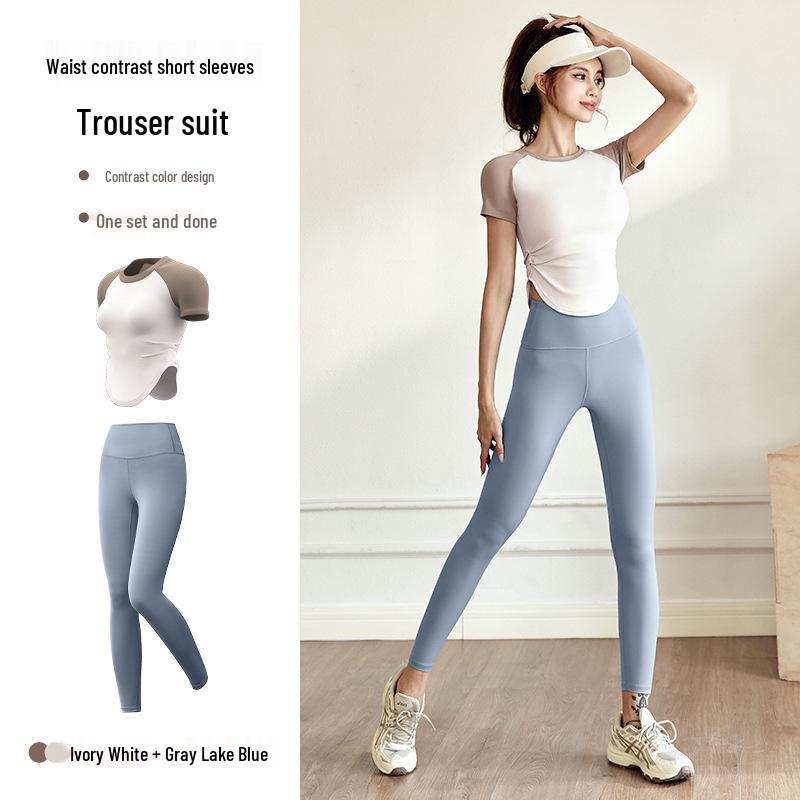 Damen Nude Feel Yoga Set: Schnelltrocknendes Kurzarm-Top & Lange Hose für Outdoor-Fitness