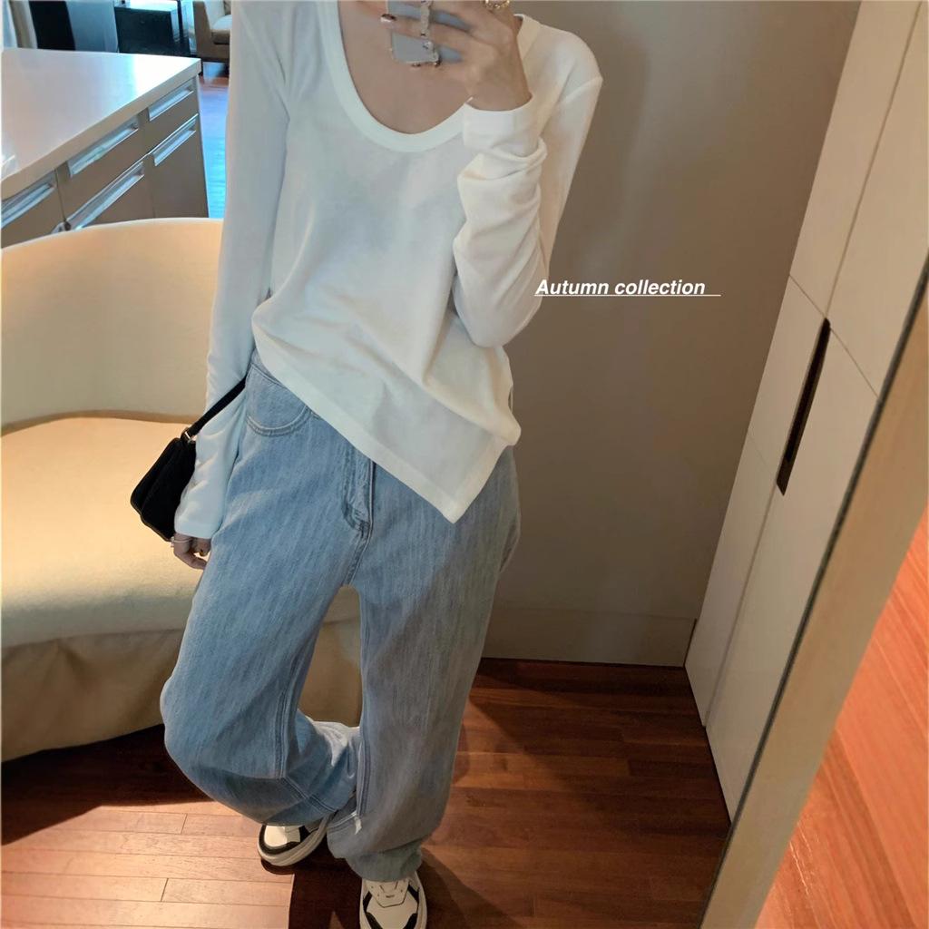 Irregular White Slim Long-sleeved T-shirt for Women's Autumn Clothes New Style Design Student Inner Bottom Shirt Top