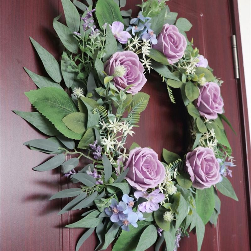 Artificial Flower with Leaf Realistic Purpler Rose Wreath Decoration for Door Window Hallway Farmhouses Wedding Wreath