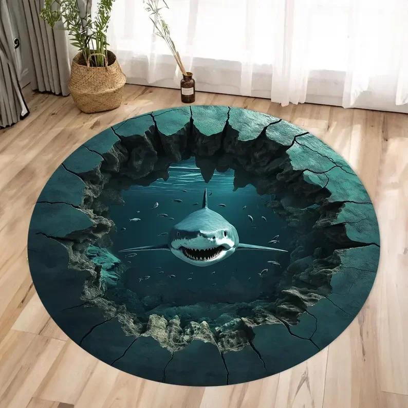3D Underwater World Round Area Rug – Shark & Fish Illusion Floor Mat – Non-Slip Ocean Carpet for Kids' Room, Living Room Decor