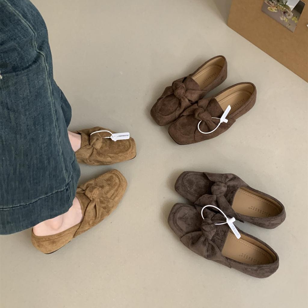 Bow flat-soled single shoes women's suede Doudou shoes 2025 autumn new retro square head one-pedal loafers