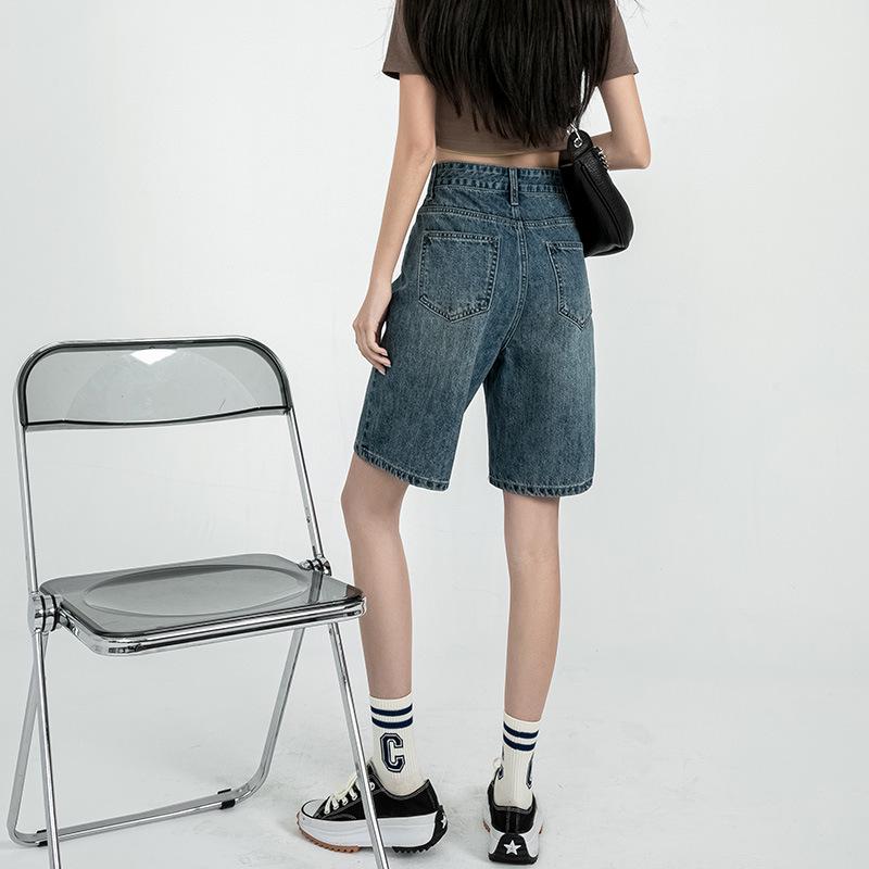 Women's High-Waist Retro Denim Shorts: Loose, Straight-Leg, 5-Point Mid-Length, Hong Kong & Japanese Style for Spring & Summer