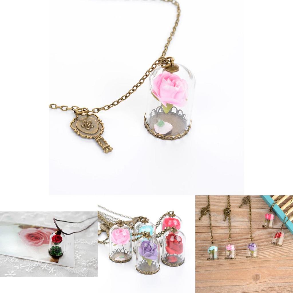 The Little Prince Rose Glass Bottle Necklace With Alloy Pendant And Leather Chain For Women