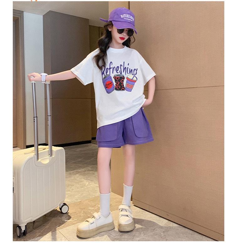 Children' Set Girls Summer Shorts Sports Suit Sty Teteenager Girls Cartoon T-shirt Shorts Two-piece Suit Trendy