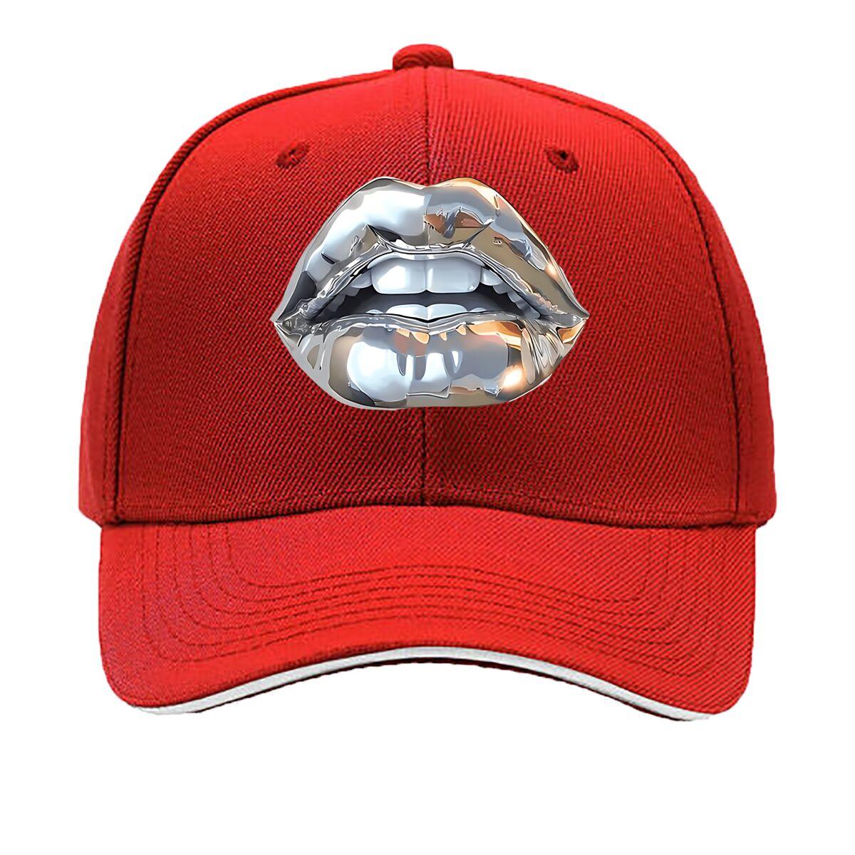 White Metallic Lips Print Sandwich Baseball Cap One Size