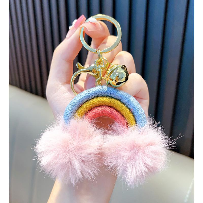 Boho Rainbow Cloud Keychain with Pom Poms & Tassels - Cute Bag Charm Accessory