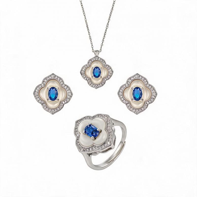 Elegant Clover White Mother-of-Pearl Pendant Set With Simulated Sapphire Oval Charm Copper Alloy Jewelry Trio Women