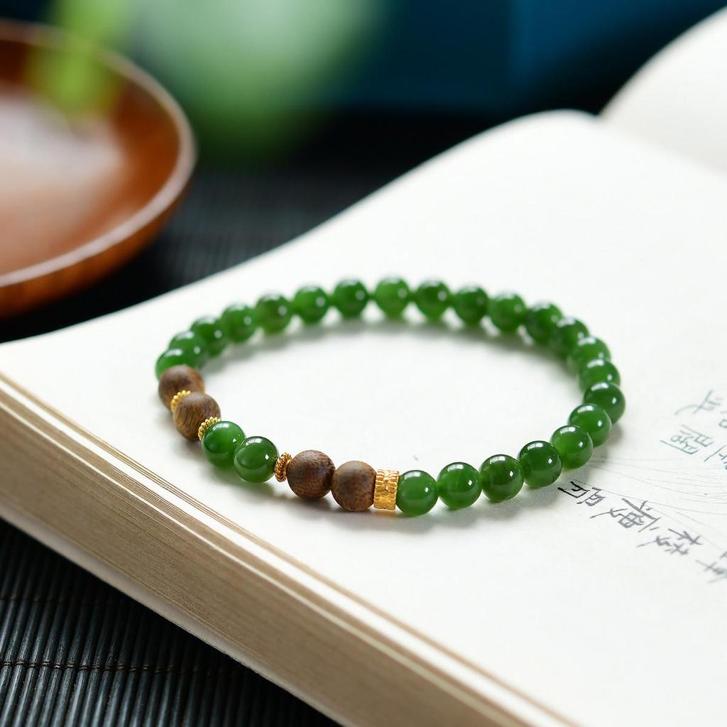 Chinese Style Hetian Jade & Agarwood Bracelet with 925 Silver Spacers