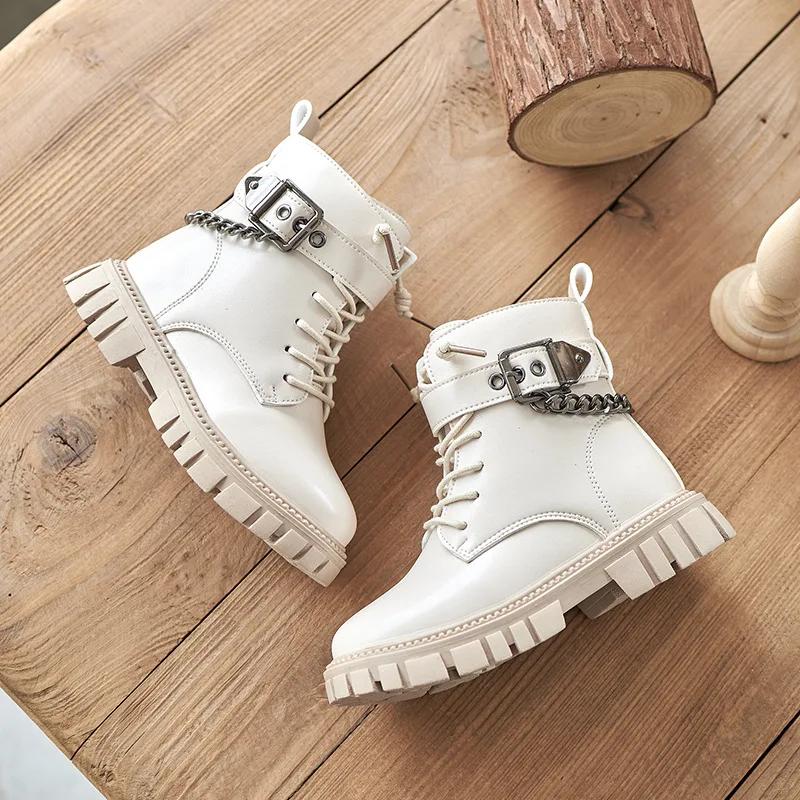 

Children Boots Soft-soled Girls Tide Boots Autumn and Winter Warm British Style Boys Leather Boots Student Metal Chain Hot 26