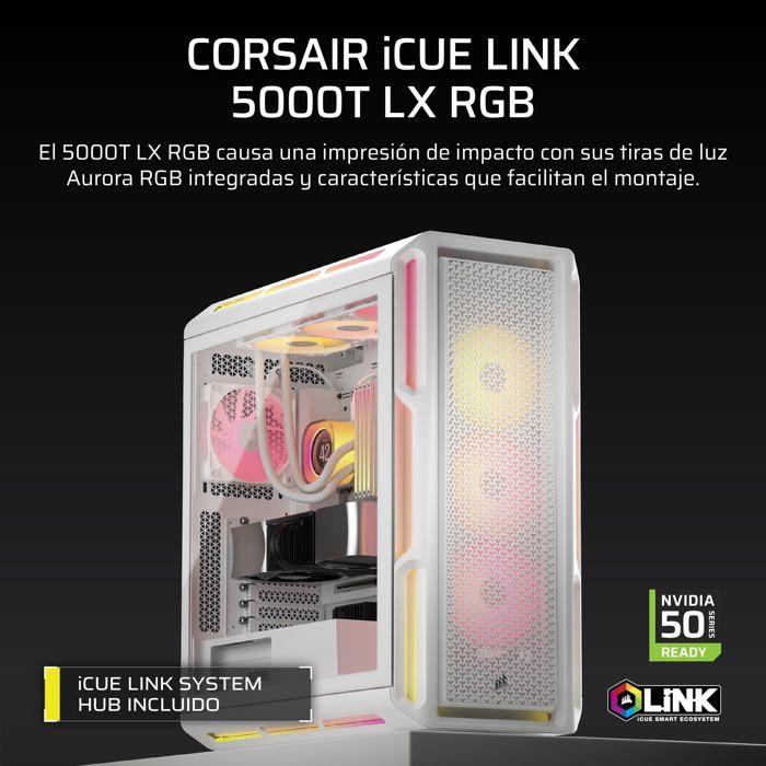 Boîtier PC ATX - CORSAIR - 5000T LX RGB - 3 Ventilateurs LX120 RGB - Éclairage Aurora RGB - Blanc