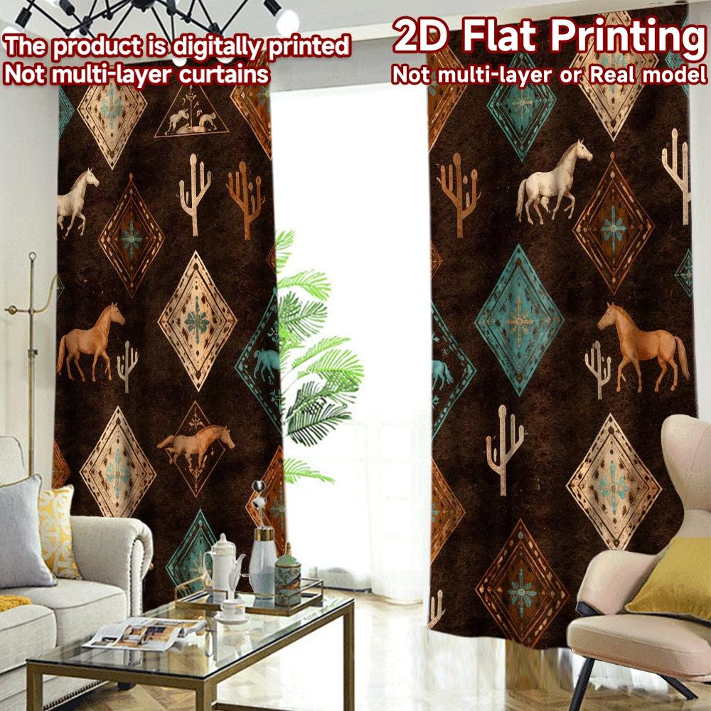 2D FLAT PRINTING 2pcs Curtains (Without Rod) Desert Horses and Cacti Chic Light Filtering Curtains Polyester Easy Install