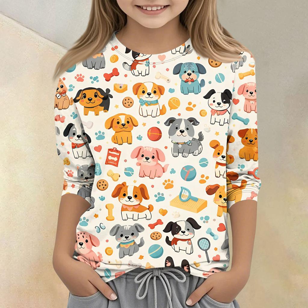 Children's Printed Round Neck Seven Quarter Sleeve Casual T-shirt