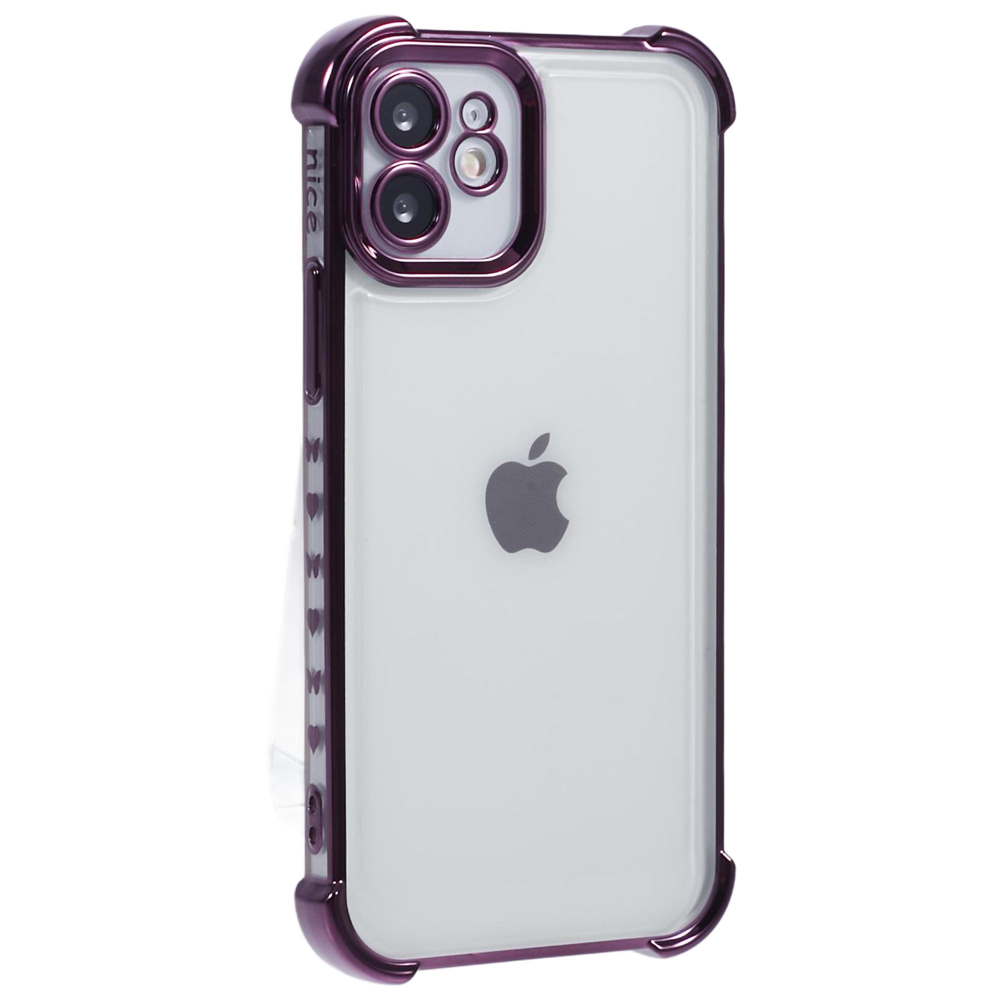 

For iPhone 12 Case TPU Clear Back Phone Cover Electroplating Love Heart Dark Purple