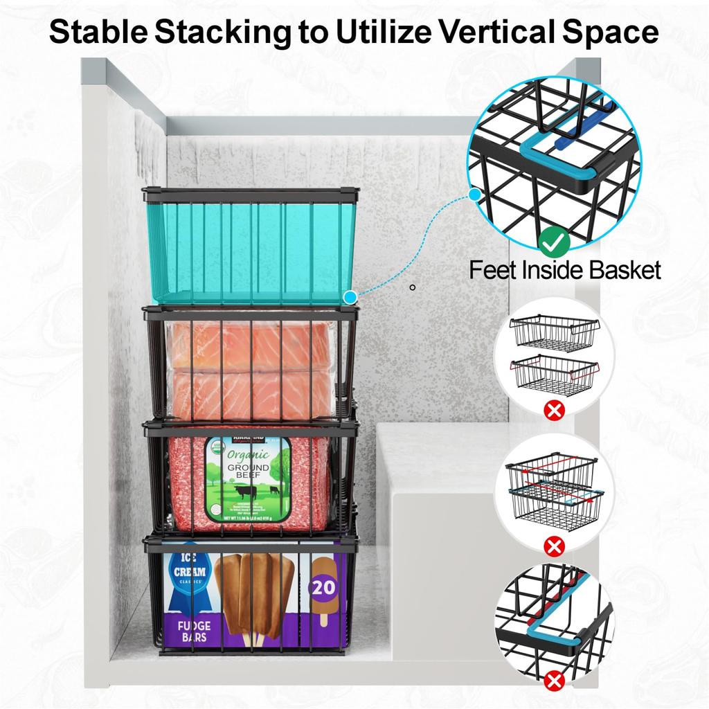 4 Pack Freezer Organizer Bins Stackable Deep Freezer Bins for 5 Cu Ft Chest Freezer Easy Access Food Space Saving Black Durable