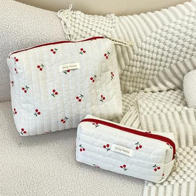 Bolsa de viaje acolchada de algodón para mujer, bolsa de cosméticos retro con diseño de cerezas, estuche para lápices para niñas, bolsa de maquillaje, bolsos de mano