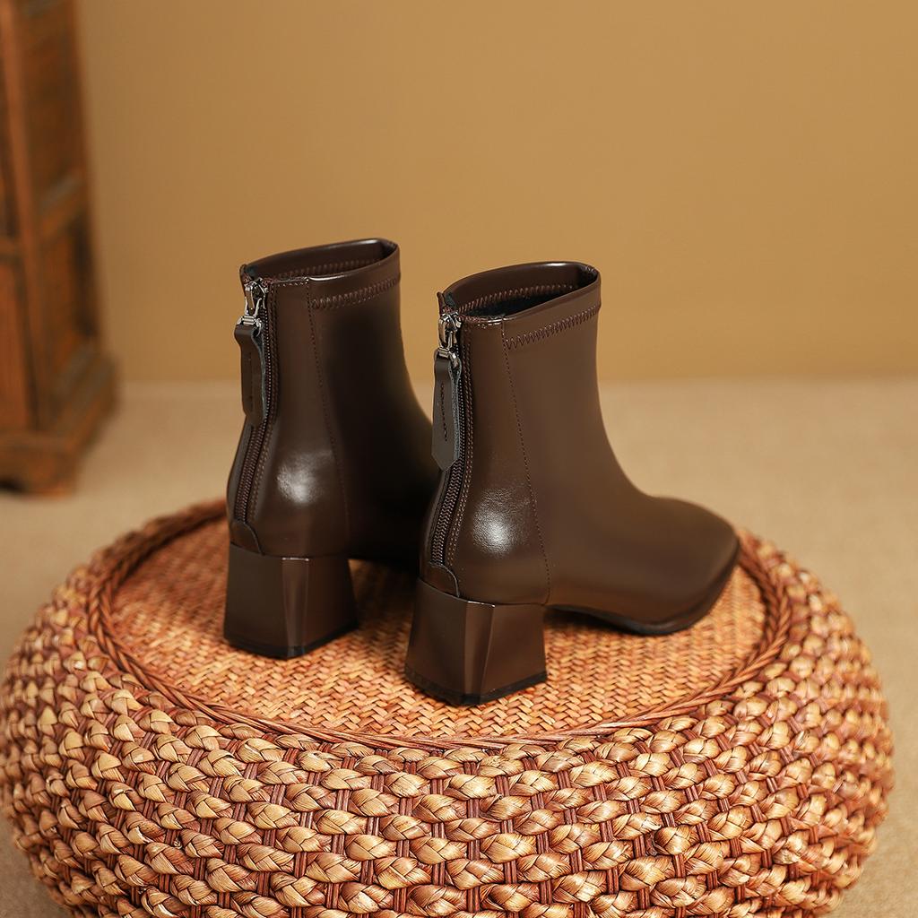 High Heel Square Head Short Boots Martin Boots Spring and Autumn Fleece Single Boots Women's Boots Rear Zipper Short Boots Women's Thick Heel Boots