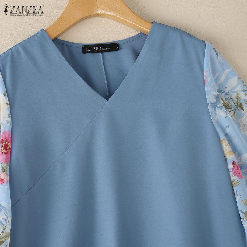 ZANZEA Damen Lässige V-Ausschnitt Print Patchwork 3/4 Ärmel Lockere Bluse