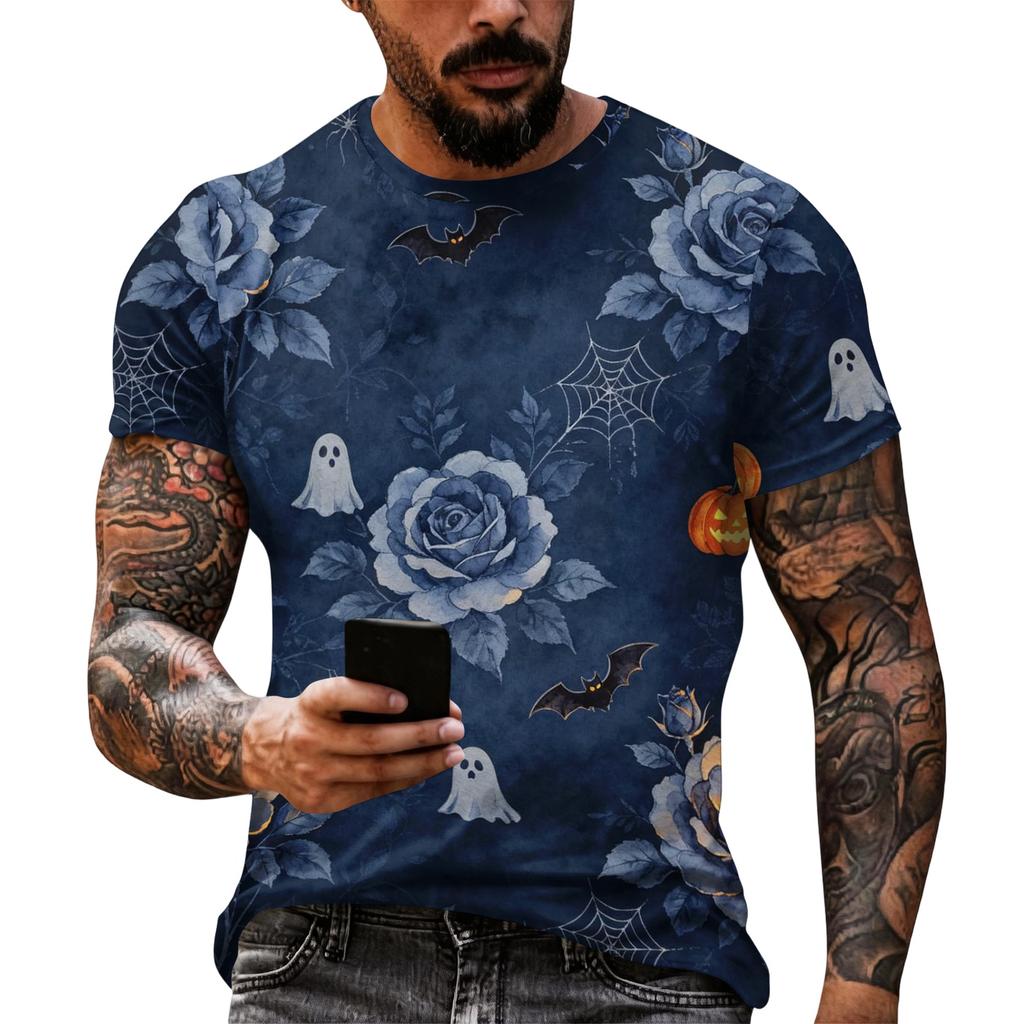 Men's Halloween Graphic Short Sleeve T Shirt Loose Fit Casual Summer Daily Top Spider Web Skull Print Comfortable Tee