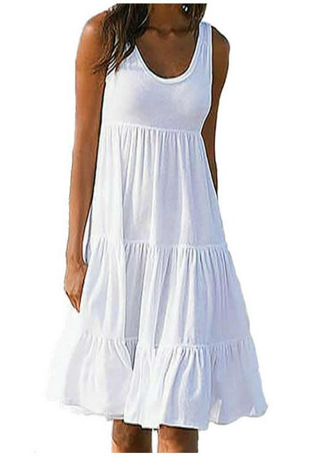 Women's Sleeveless Round Neck Spliced Beach Dress, 7 Colors, 8 Sizes