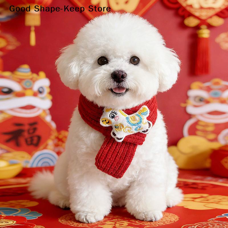 New Year Celebration Decoration Pet New Year Scarf Warm Knitted Neckerchief Pet Cat And Dog Red Scarf Pet Accessories Supplies