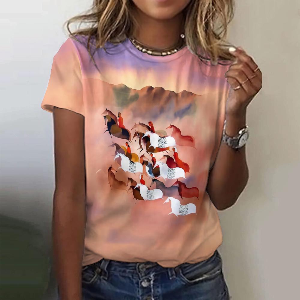 New Vintage Women Summer Cartoon Horse Print T-Shirt Oversized Women's Trending Clothing Fashion Short Sleeve Shirt Crew Top