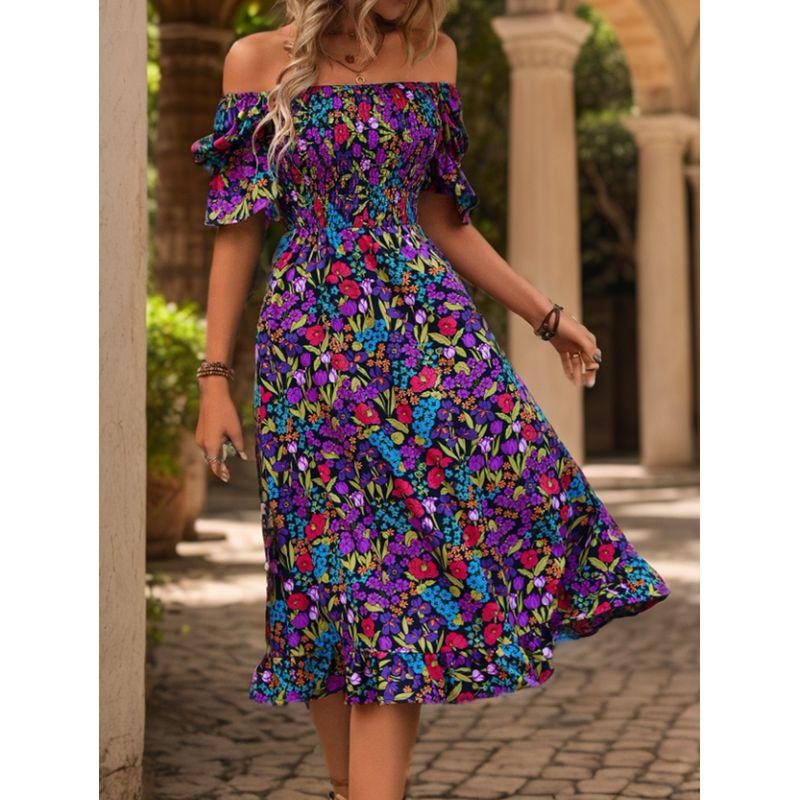 

Bohemia Style Fashion off-the-Shoulder Sexy Two-Way Waist-Tight Floral Short Sleeve Mid Length Long Length Dress Women Purple S